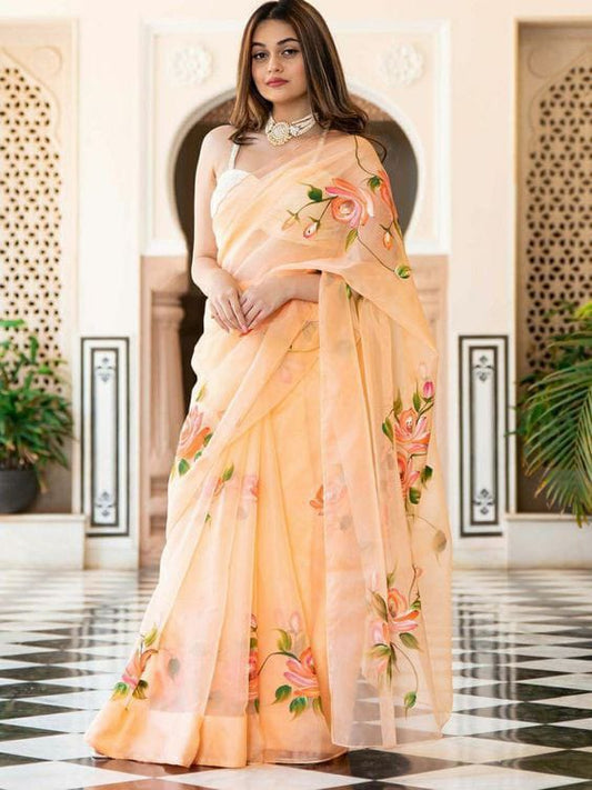 Organza Silk Saree Peachy Beige Color Hand Painted with running blouse - IndieHaat