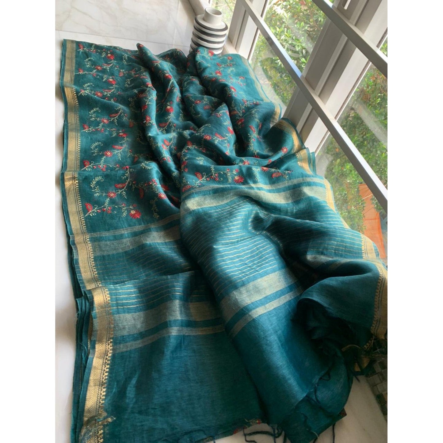 Silk Linen Embroidered Handloom Blue Saree with Blouse-Indiehaat