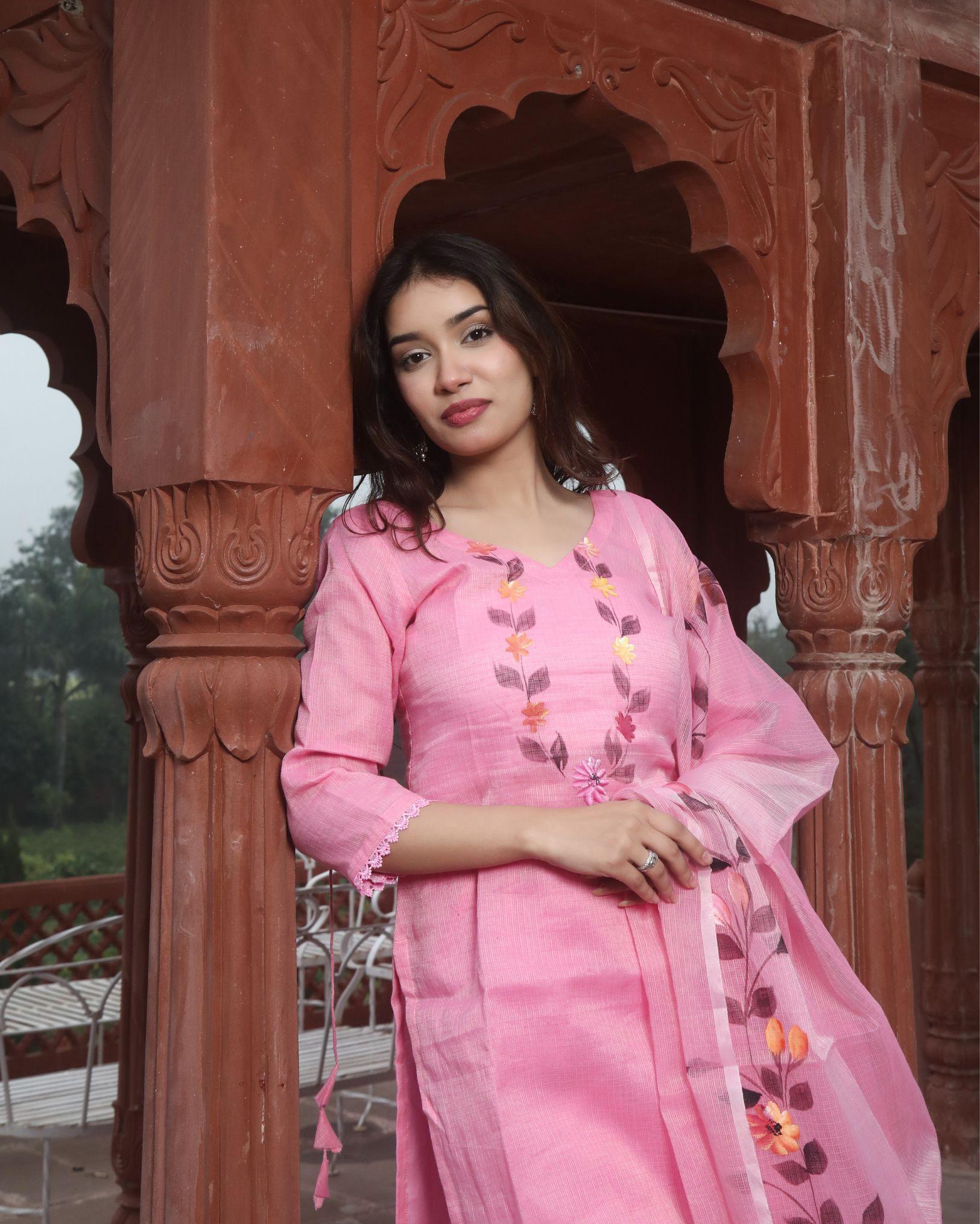 Kota Doria Suit (Top+Bottom+Dupatta) Pink Color Hand Painting with Stitch embroidery work - IndieHaat