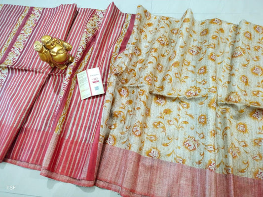Silkmark Certified Tussar Silk Handloom Handblock Printed Biege and Pink Saree with Blouse-Indiehaat