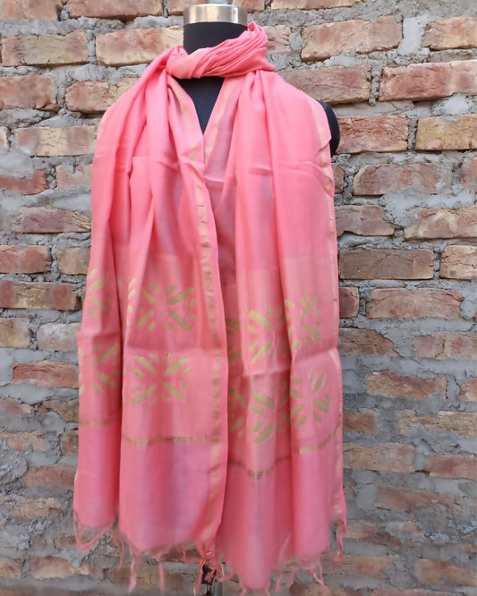 Chanderi Silk Dupatta Pastel Pink Color Applique Work - IndieHaat