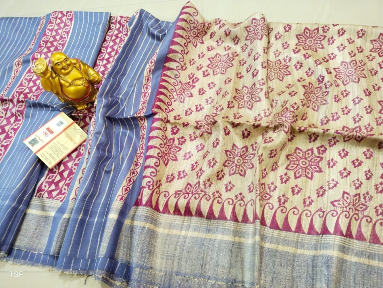 Silkmark Certified Tussar Silk Handloom Handblock Printed Pink and Purple Saree with Blouse-Indiehaat