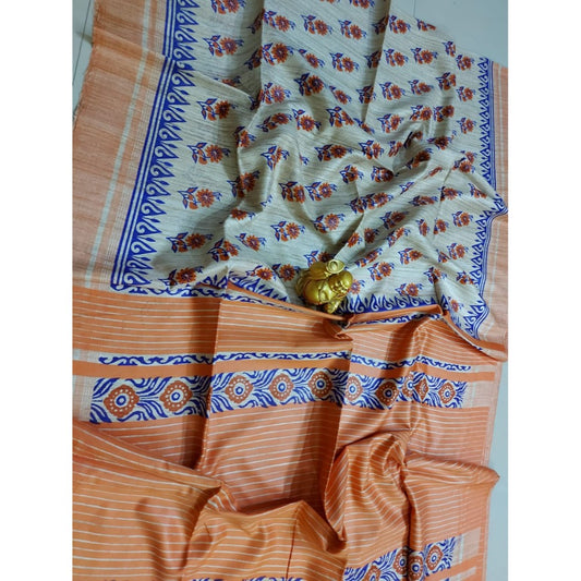 Silkmark Certified Tussar Silk Handloom Handblock Printed Blue and Orange Saree with Blouse-Indiehaat