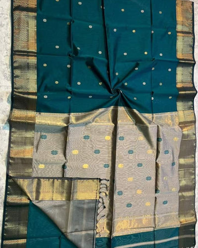 Maheshwari Handloom Handwoven Saree Teal Green Color Double Design Zari Border, flower work Buti pallu and running blouse - IndieHaat