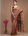 Maheshwari Silk Saree brown Handblock Printed With running blouse (Silk by Silk)