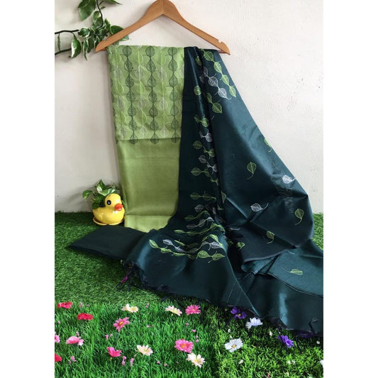 Katan Silk Green Suit Piece with Blue Bottom and Dupatta Embroidered-Indiehaat