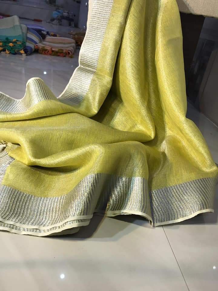 Hand Dyed Pure Tissue Linen Yellow Color  Saree With Running Blouse-Indiehaat