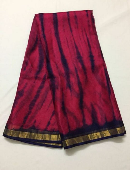Pure Silk Kota Doria Multi Tye-Dye Sarees Lipstick Red Color with running blouse-Indiehaat
