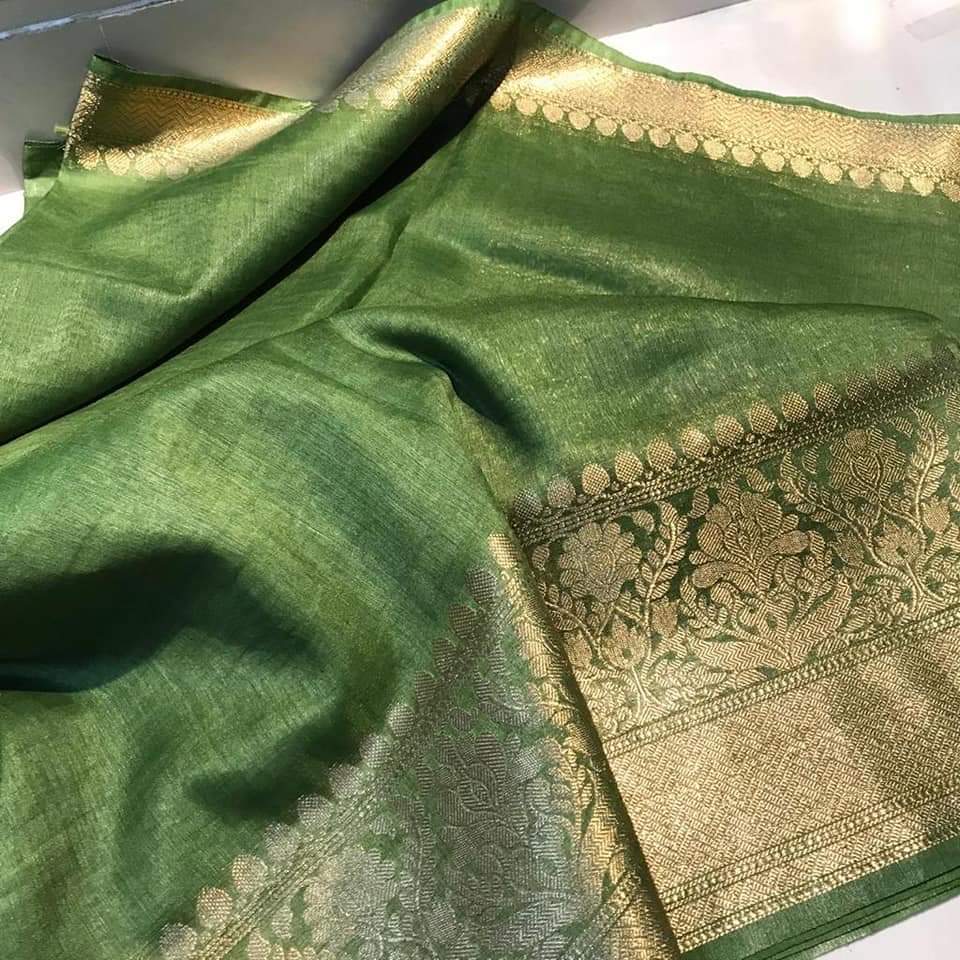 Silk Linen Banarasi Brocade Weaving Handloom Green Saree with Blouse-Indiehaat