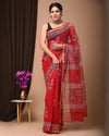 Kota Doria Cotton Saree Red Color Block printed with running blouse - IndieHaat