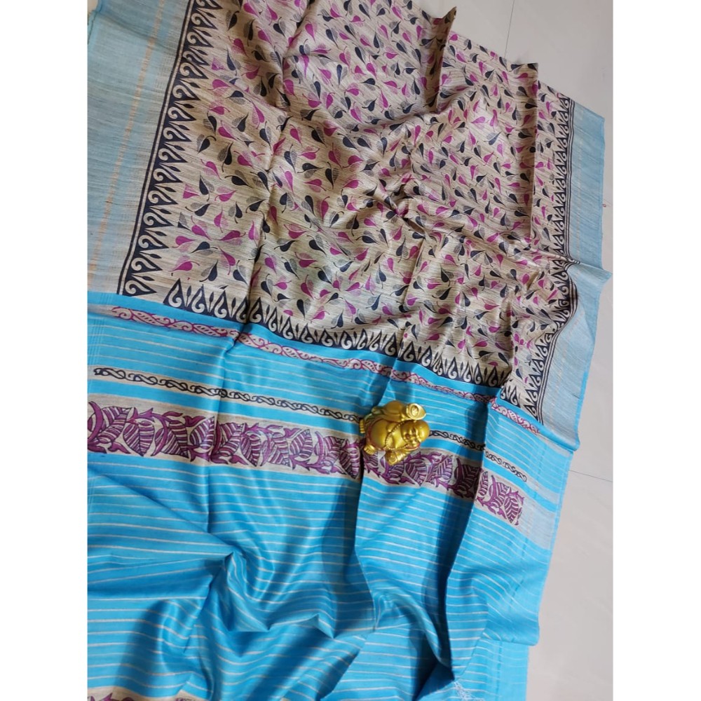 Silkmark Certified Tussar Silk Handloom Handblock Printed Blue Saree with Blouse-Indiehaat