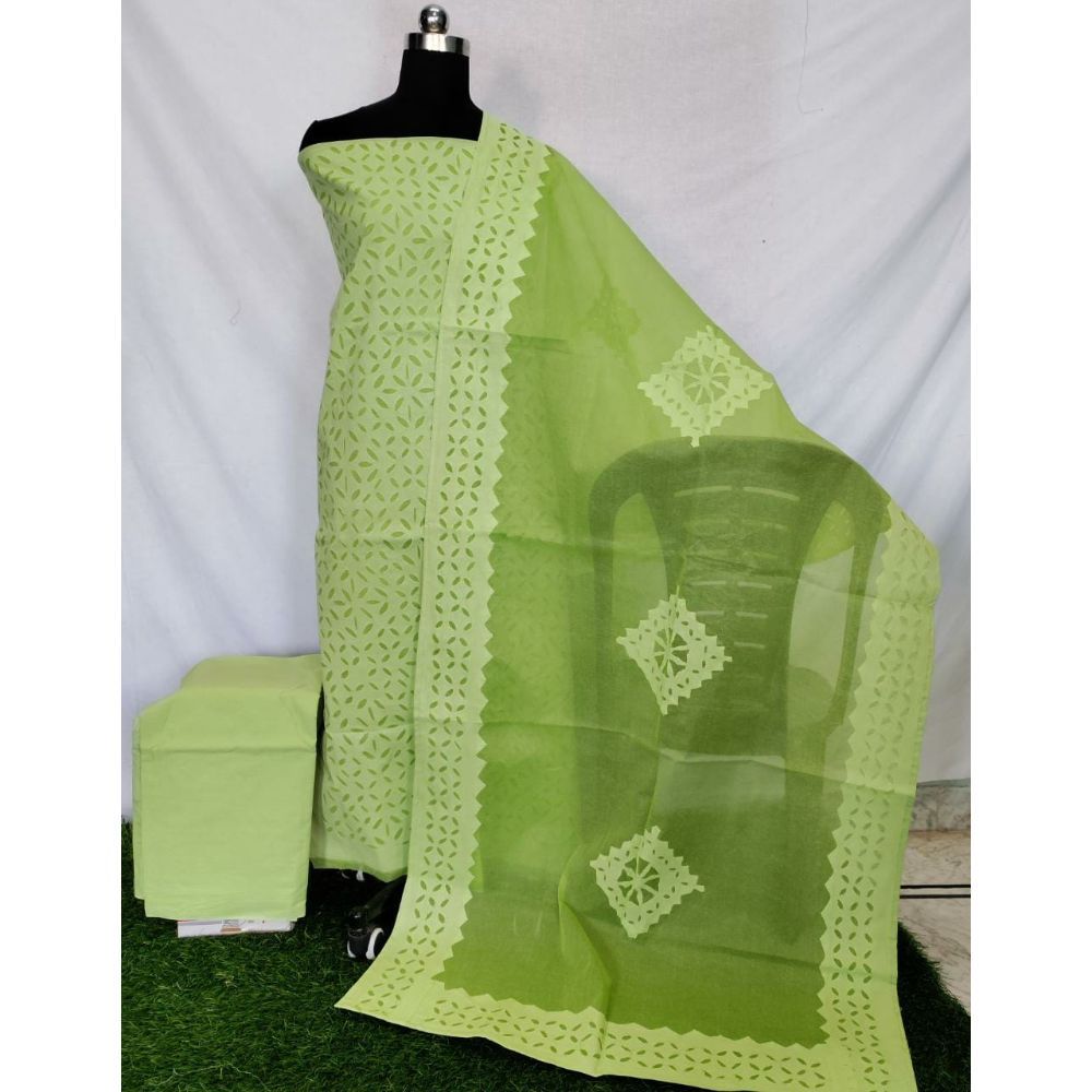 Cotton Applique work Green Suit with Organdy Dupatta-Indiehaat