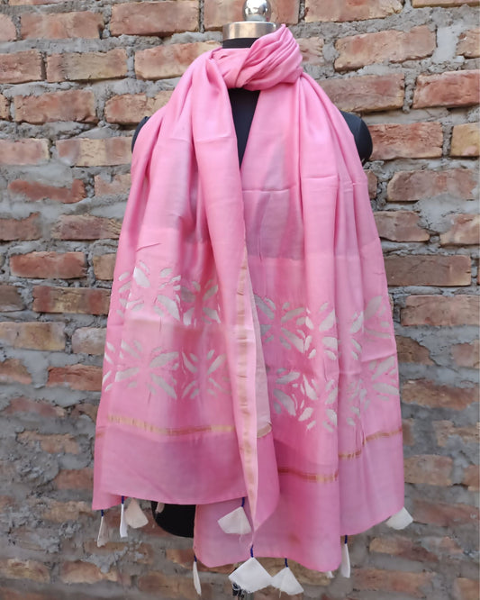 Chanderi Silk Dupatta Metallic Pink Color Applique Work - IndieHaat