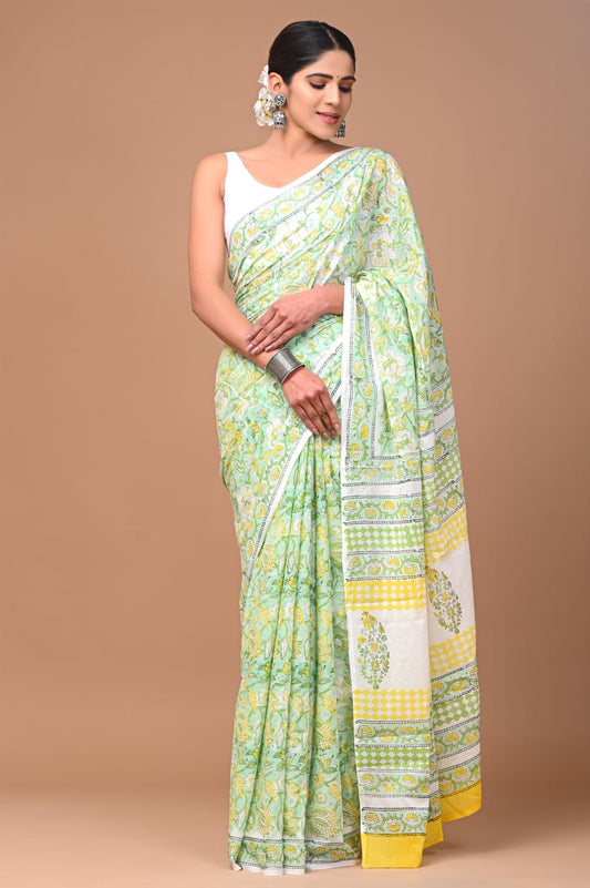 Mulmul Cotton Saree Mint Green Color Handblock Printed with running blouse - IndieHaat