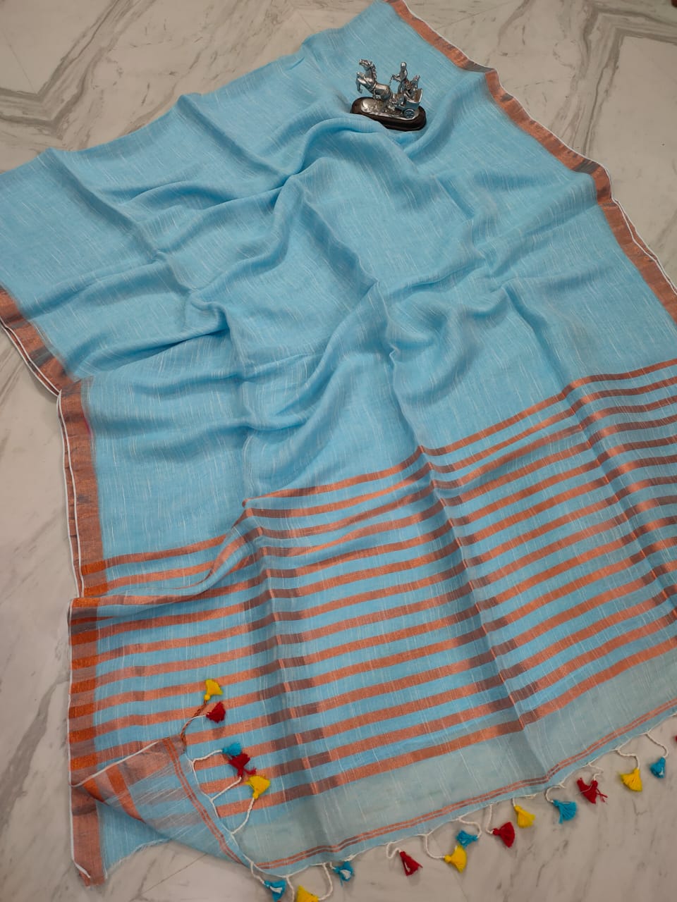 Handwoven Pure Linen Blue Saree Contrast Striped Pallu - Indiehaat