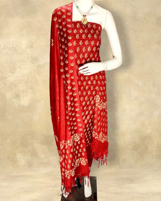 Katan Silk Suits Red Color Handblock Printed - IndieHaat 