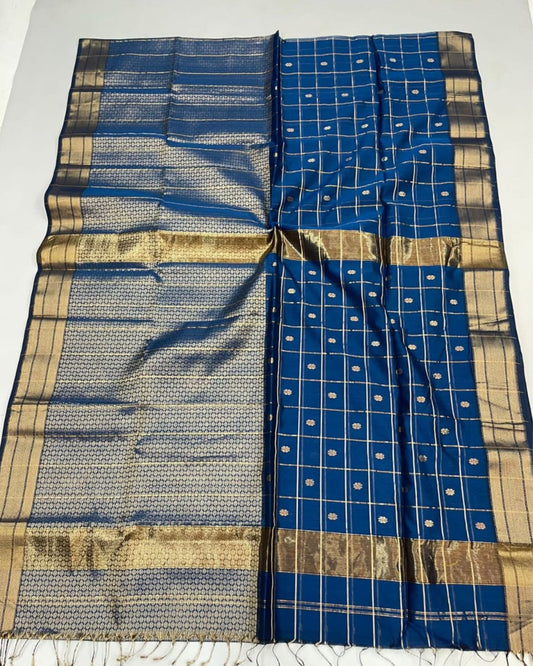 Maheshwari Handloom Pure Tissue Silk Saree Royal Blue Color with running blouse - IndieHaat