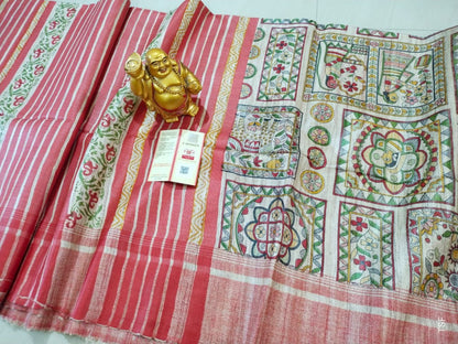 Silkmark Certified Tussar Silk Handloom Handblock Printed Pink and Green Saree with Blouse-Indiehaat