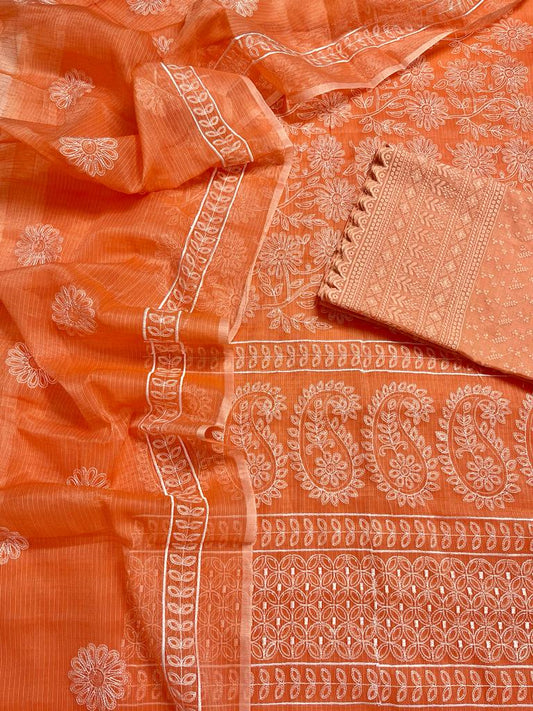 Kota Doria Embroidery Work Suit Material with Chikankari Embroidery work bottom Deep Carrot Orange Colour (TOP+DUPATTA+BOTTOM)-Indiehaat
