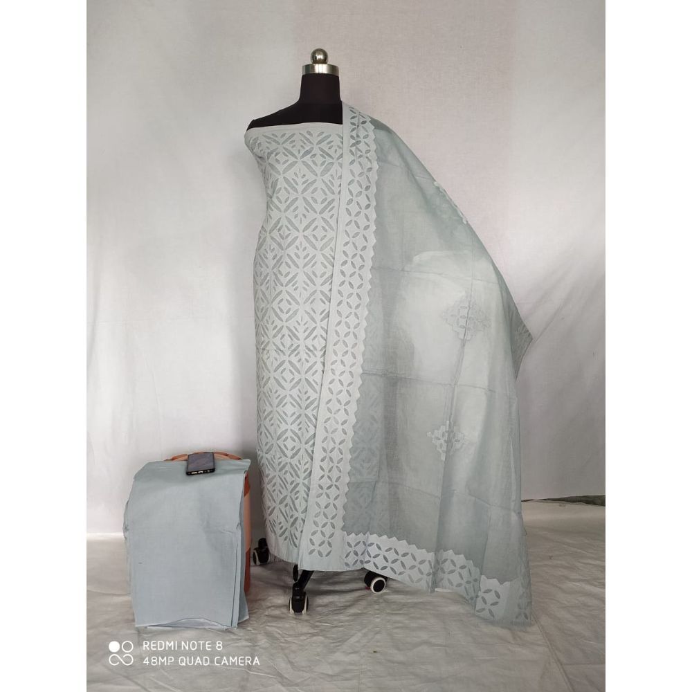 Cotton Applique work Grey Suit with Organdy Dupatta | Indiehaat