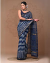 Maheshwari Silk Saree blue Handblock Printed With running blouse (Silk by Silk)