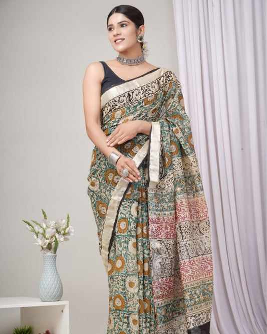 Linen Saree Teal Color Handblock Kalamkari Printed with running blouse - IndieHaat