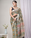 Linen Saree Teal Color Handblock Kalamkari Printed with running blouse - IndieHaat