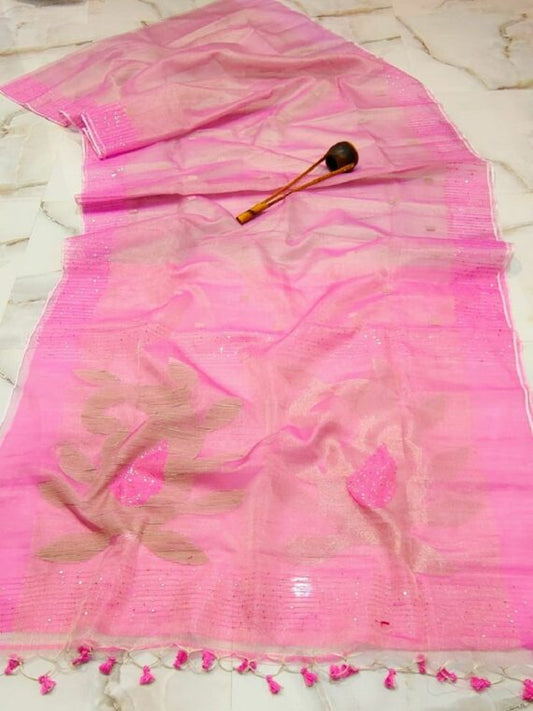 Tissue Muslin Saree Rose Pink Color Jamdani Weaving with running blouse - IndieHaat