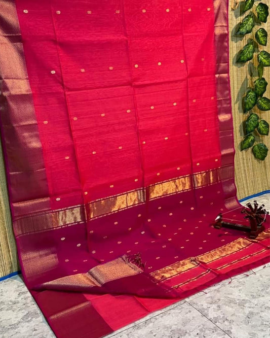 Maheshwari Handloom Handwoven Saree Pinkish Red Color Double Design Zari Border with flower buti pallu and contrast blouse - IndieHaat