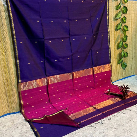 Maheshwari Silk Saree Butta Body Blue Color with golden zari weaving border and running blouse (Butta Design) - IndieHaat