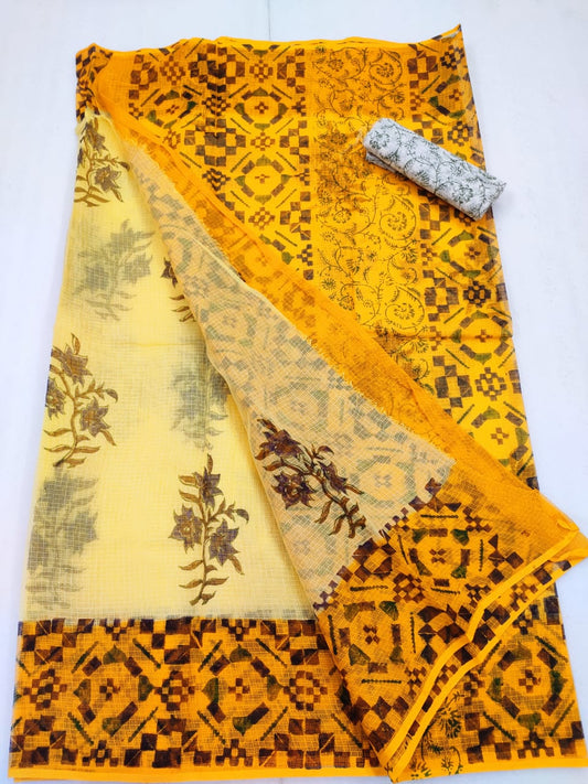 Kota Doria Handblock Printed Yellow Saree with blouse-Indiehaat