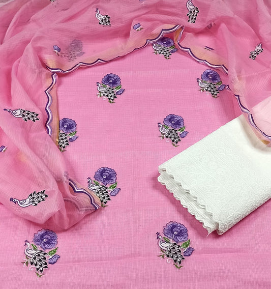 Kota Doria Embroidery Pink Suit Material with Matching Dupatta and Chikenkari White Bottom-Indiehaat