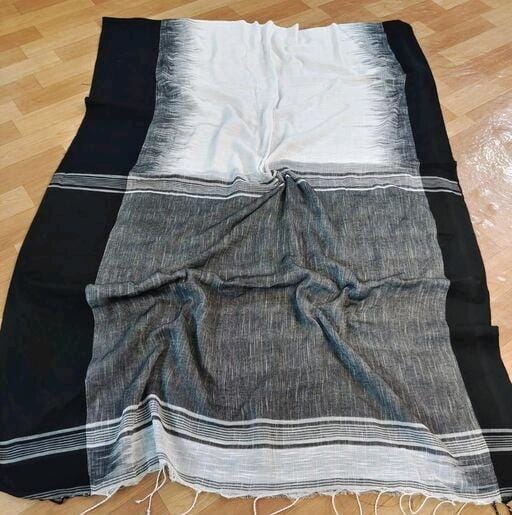 Handloom Cotton Ikkat Weaving White and Black Saree with Contrast Blouse-Indiehaat