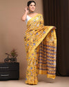 Maheshwari Silk Saree yellow Handblock Printed With running blouse (Silk by Silk)