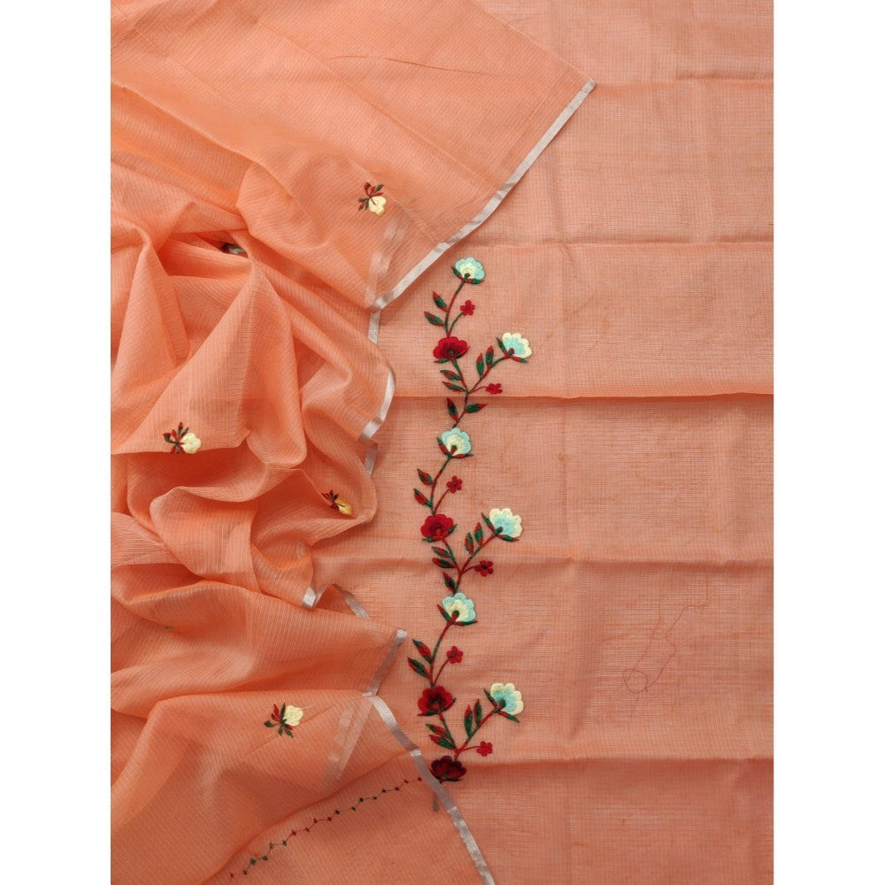 Kota Doria Orange Suit Material 2 Piece Embroidered (Only Top and Dupatta)-Indiehaat