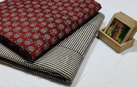 Pure Cotton Suit Set Maroon and White (Only Top and Bottom) Handblock Print - 2.5 Meter Each-Indiehaat