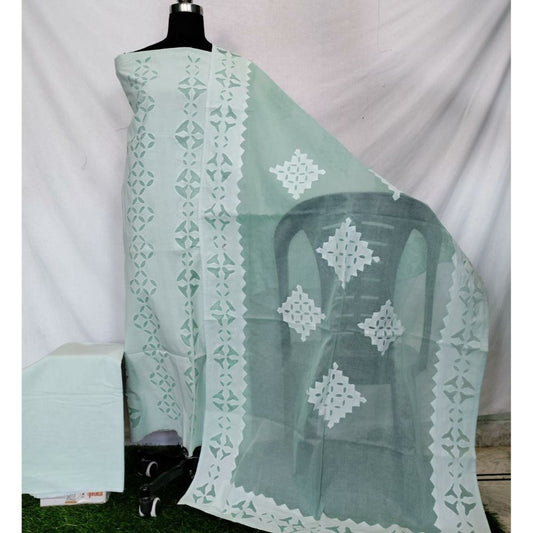 Cotton Applique work Green Suit with Organdy Dupatta-Indiehaat