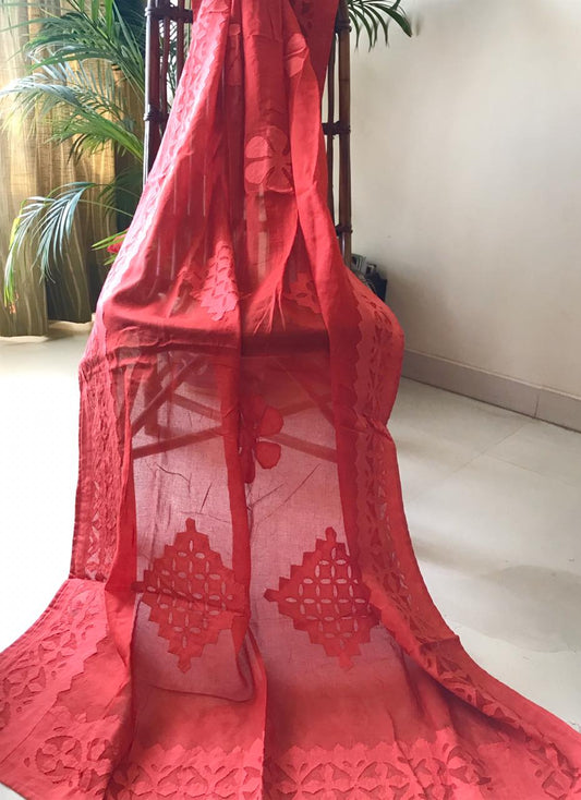 Organdy Cotton Saree Applique work Rose Red Colour with running blouse-Indiehaat