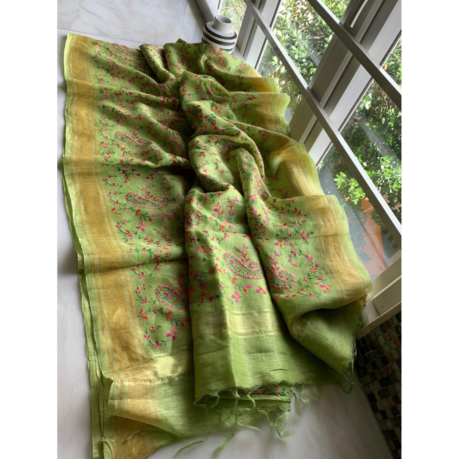 Silk Linen Embroidered Handloom Saree with Blouse