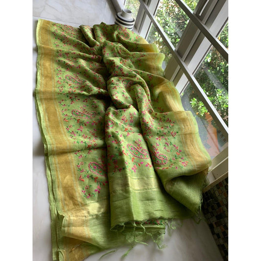 Silk Linen Embroidered Handloom Green Saree with Blouse-Indiehaat