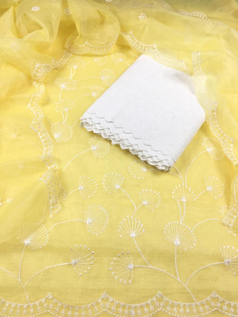 Kota Doria Embroidery Yellow Suit Material with Matching Dupatta and Chikenkari White Bottom-Indiehaat