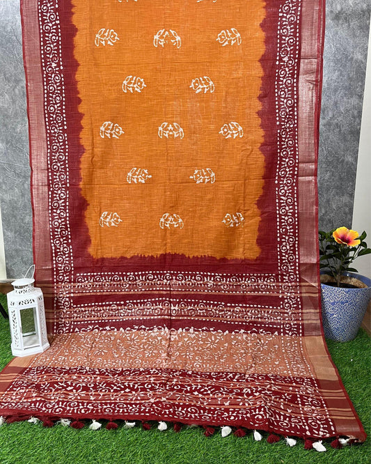 IndieHaat | Slub Linen Orange&Red Saree Batik Print Running Blouse Ajrakh Dabu