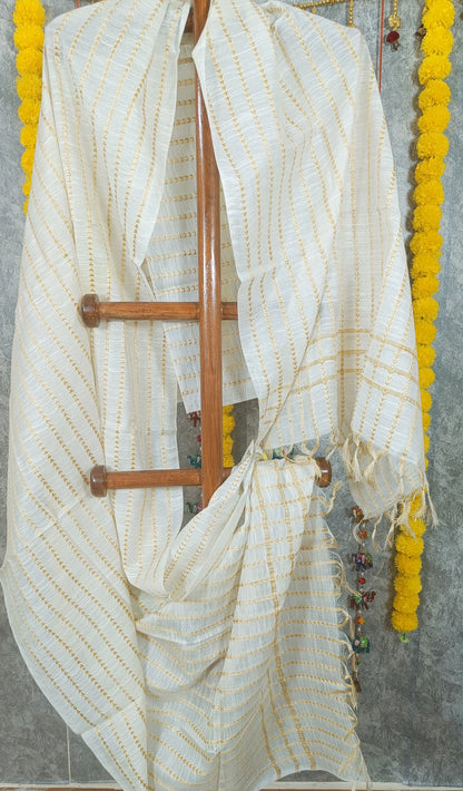 Katan Silk Banarasi Brocade Dupatta White Color - IndieHaat