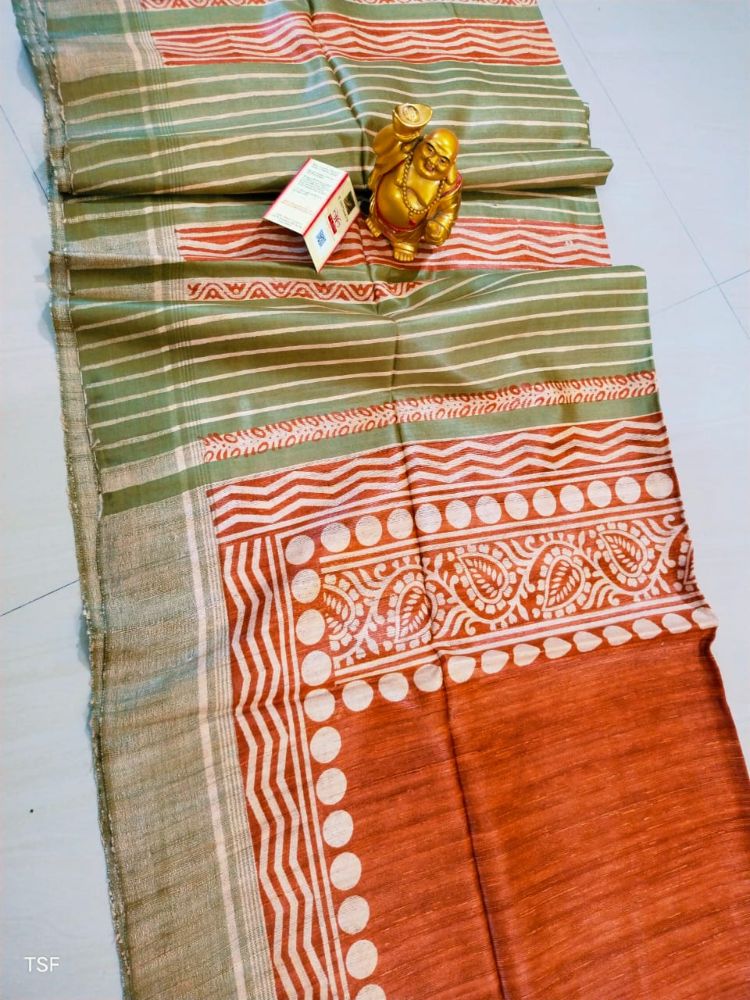 Silkmark Certified Tussar Silk Handloom Handblock Printed Orange and Green Saree with Blouse-Indiehaat