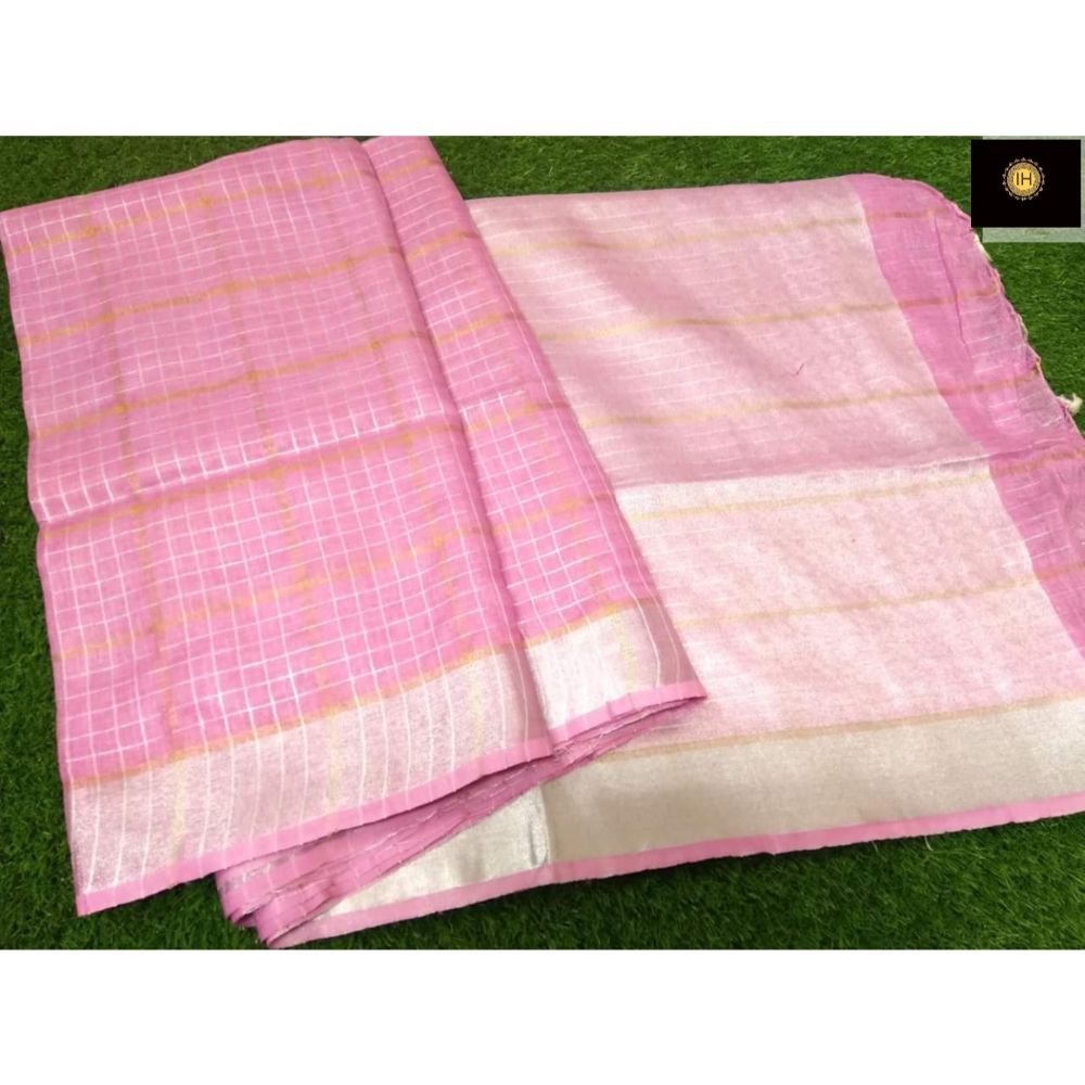 Pure Linen Check Design Handloom Pink Saree with Running Blouse-Indiehaat