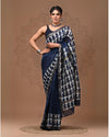 Maheshwari Silk Saree blue Handblock Printed With running blouse (Silk by Silk)