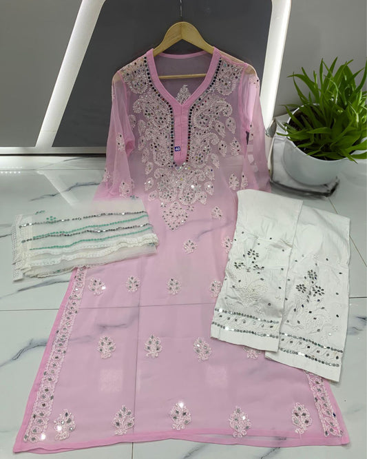 Georgette Chikankari Gala Buti Kurti Light Pink Color with Bottom, Dupatta and Inner - IndieHaat