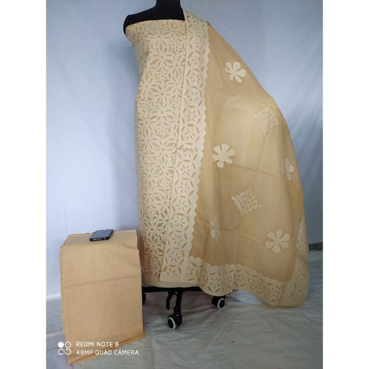 Cotton Applique work Brown Suit with Organdy Dupatta | Indiehaat