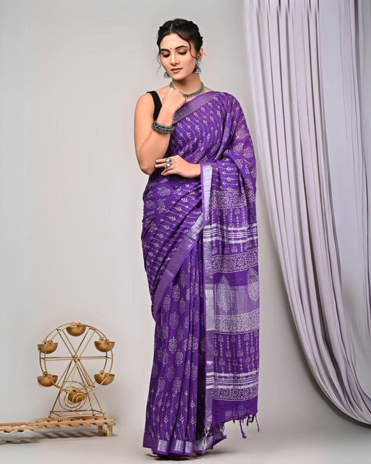 Indiehaat| Linen Saree purple Handblock Printed With running blouse Dabu Bagru Ajrakh