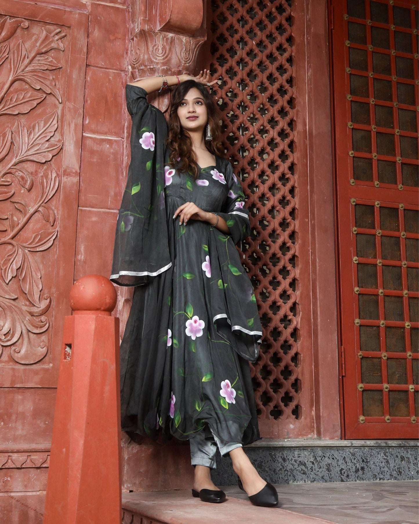 Organza Stitched Suit Black Color Hand painted - IndieHaat